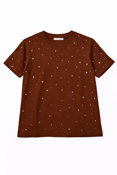 Mixray 2057 Γυναικείο μπλουζάκι 100% Βαμβάκι με λεπτομέρεια από πέτρα σε λαιμ...