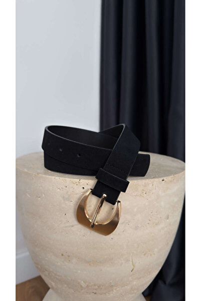 BİRCANÇİL أسود منحني بإبزيم جلد سويدي حزام