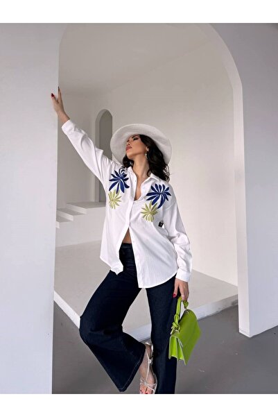 ribana Women's New Season Shoulder Flower Embroidered Linen Shirt 2637