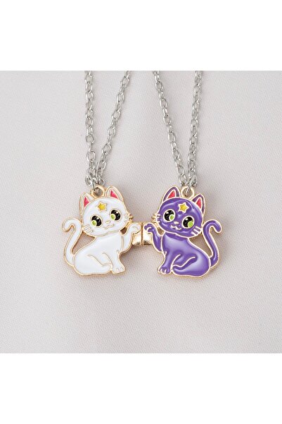 Zuum 2 li Beyaz , Mor Kedi Detaylı Mıknatıslı Zincir Kolye , Arkadaşlık Kolye...