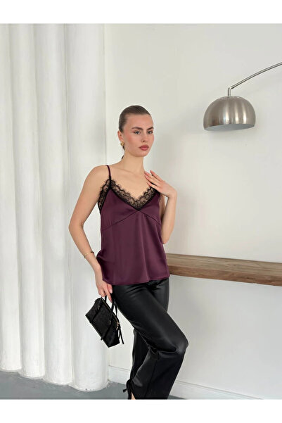 cemo Kadın Dantel Detaylı Askılı Saten Bluz