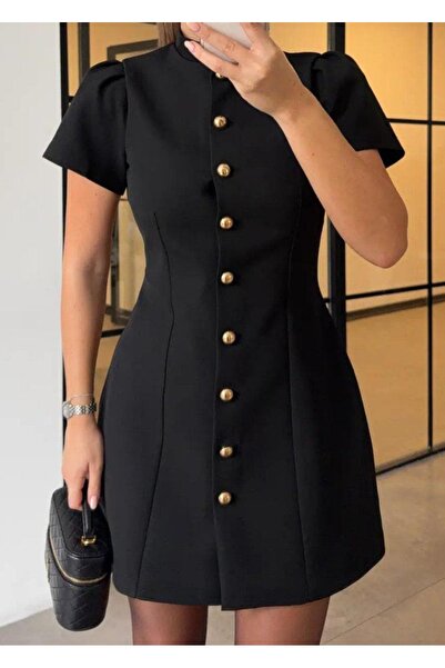 Serpirella Butik Rochie scurtă cu mâneci tip balon și nasturi aurii