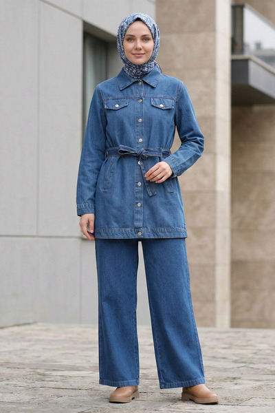 Kirazgym Women's Buttoned Waist Belt Piece Pocketed Denim Jacket and Trousers...