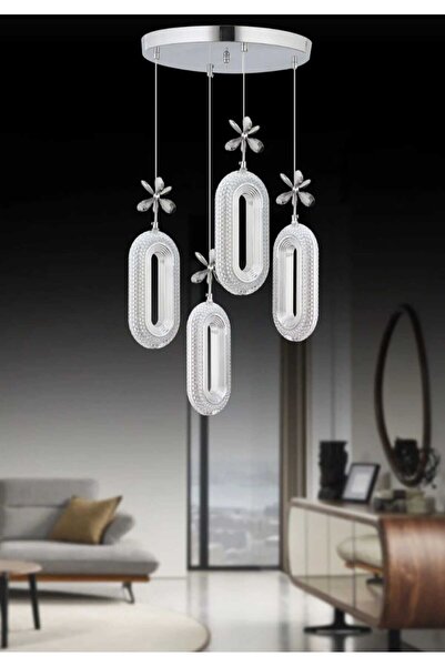 B&F STORE NEW STYLE Roma 4Lü Kelebek Taşlı Krom Avize Modern Led 3 Renkli