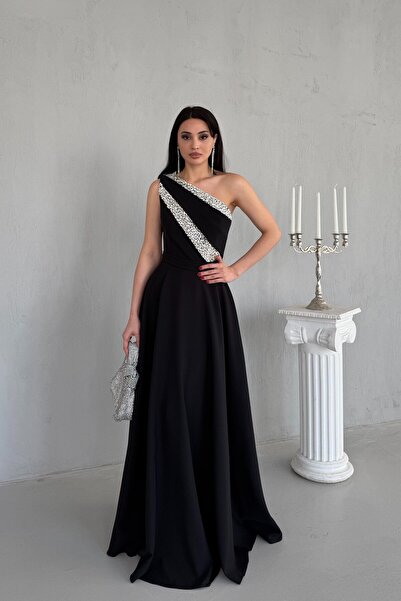 Serica Moda Siyah Tek Omuz Taş İşlemeli Abiye Elbise