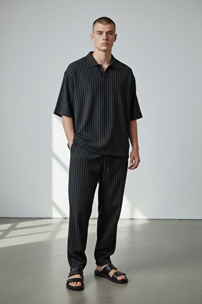 Altamira Ανδρικό Μαύρο Σετ Πατλί Ριγέ Κρεπ oversized