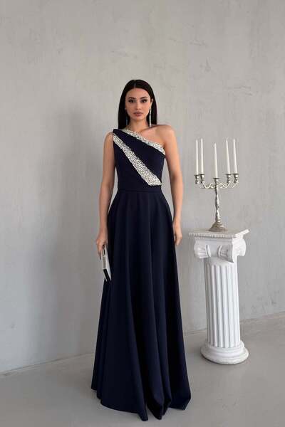 Serica Moda Rochie de seara cu un singur umar albastru bleumarin brodata cu p...