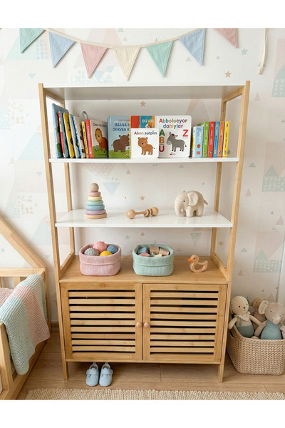 Robin Home Montessori Doğal Bambu Bebek Çocuk odası Raflı Kapaklı Kitaplık Oy...
