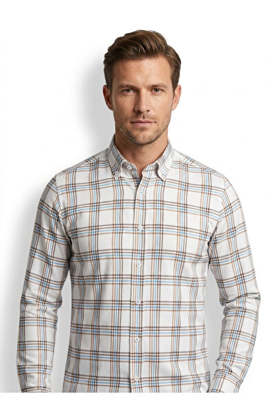 Dorss Premium Men's Slim Fit Checked Shirt - White Blue Brown Striped Classic...