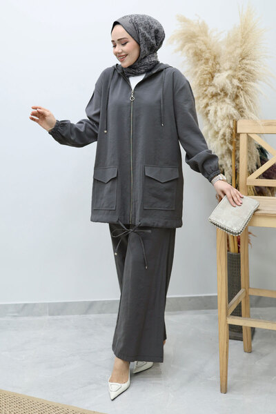 Tesettür Dünyası Hooded Zippered Double Suit Tsd260132 Smoked