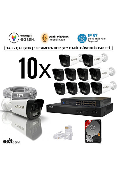 KARER 10'lu IP-POELİ-5MP-SESLİ -GECE RENKLİ- SU GEÇİRMEZ- FULL HD-320GB-Güven...