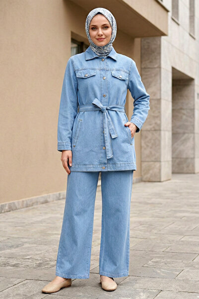 Kirazgym Women's Buttoned Waist Belt in Pocketed Denim Jacket and Trousers Se...