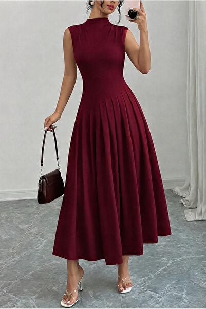 Deafox Bordo Kadın Balıkçı Yaka Kolsuz Pileli Krep Kumaş Uzun Elbise