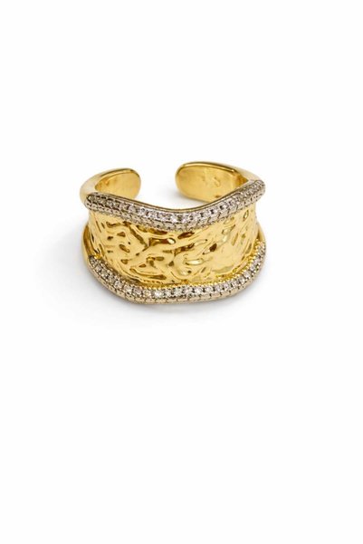 Karşıyaka Bijuteri Steel Double Color Gold Textured Stone Detailed Adjustable Design Ring