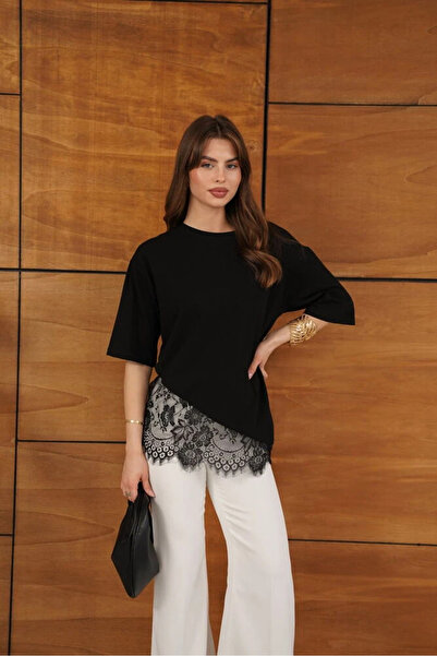 cemo Kadın Asimetrik Kesim Dantel Detaylı Yarım Kol Bluz