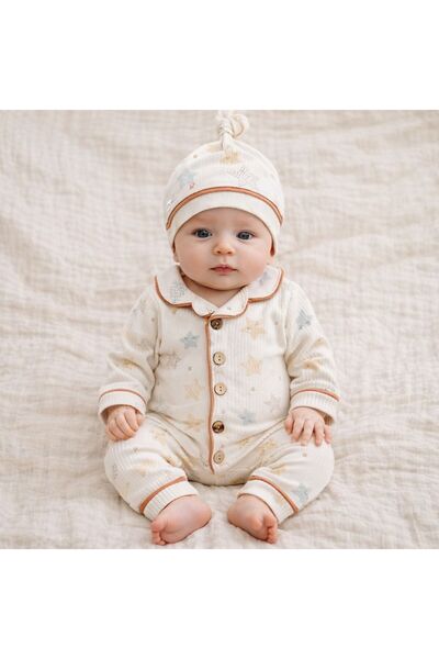 Sincap Baby بدلة أطفال مع قبعة بأزرار تفاصيل أسطوانية مصنوعة من قماش قطن ريبو...