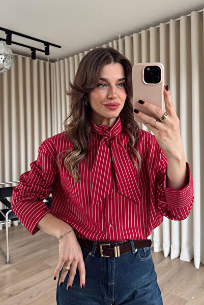 Sue Store Red and White Striped Shirt with Scarf Detail