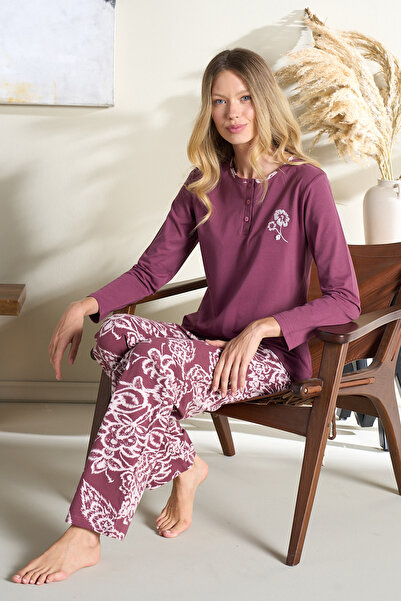 REMSA Plus Size Women's Combed Cotton Long Sleeve Pajama Set 3124 Plum