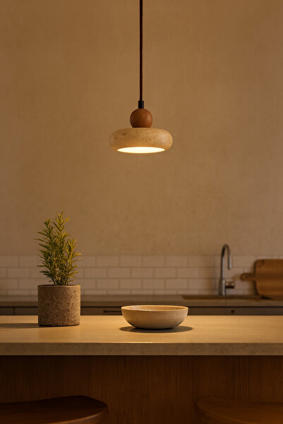 Baz Aydınlatma Mermer Sarkıt Lamba , Traverten Mermer ve Meşe Ahşap Ledli Sar...