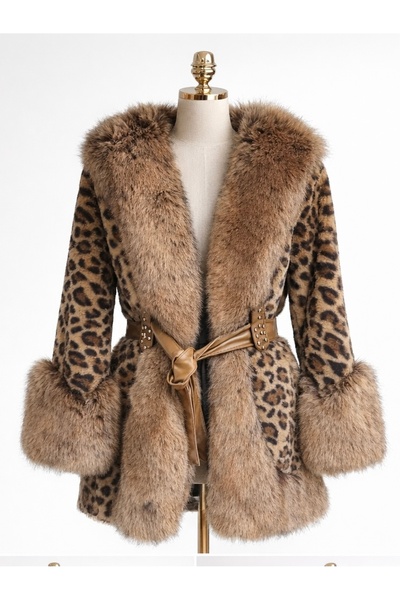 Marjinal Kadın Leopar Desenli Deri Kuşaklı Kaban