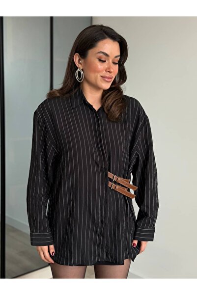 ROUPAS COLLECTİON Çift Kemer Detay Çizgili Gömlek