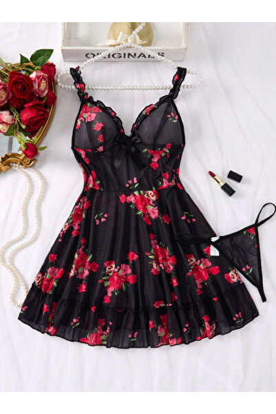 Albonse Siyah Kırmızı Gül Desenli Transparan Fantazi Gecelik Takımı