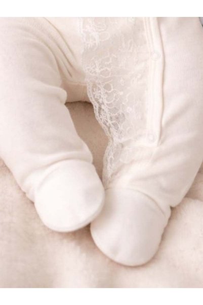 jijek baby kids Baby Girl Ecru Lace Piece Jumpsuit Set with Hat - Cotton Piece Hospital Release Long Sleeve Footed Jumpsuit