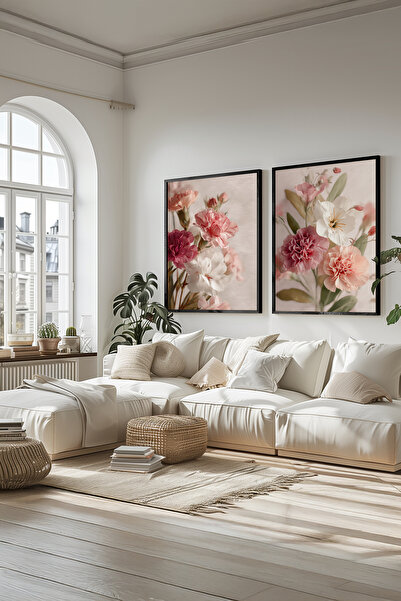 STARYUNA Black Wooden Framed Pink Floral Double Painting Set Yuna580