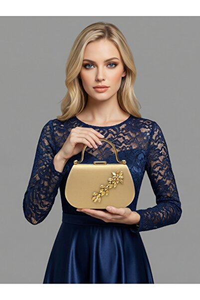 Biçanta Skin Color Glittery Satin Gold Detail Stone Strappy Chain Women's Eve...