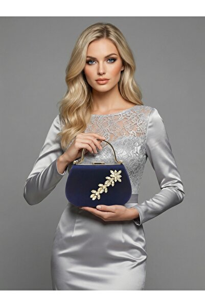 Biçanta Navy Blue Color Glittery Satin Stone Strappy Chain Women's Evening Dr...