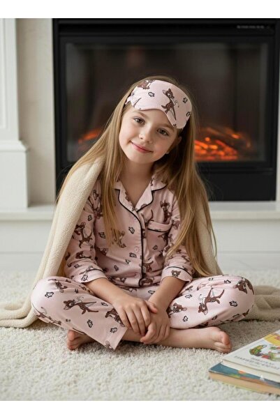 Elefantejr Bambi̇ Buttoned Pajama Set (Eye Mask Included) Ages 4-12
