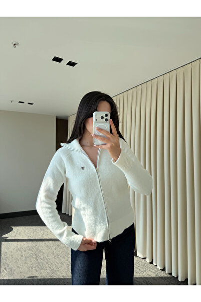 Laluvia Ecru Turtleneck Double Zipper Cardigan - 251108