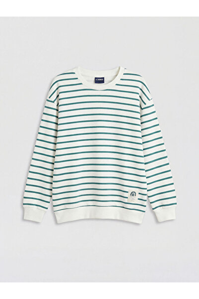 LC Waikiki Πράσινο ριγέ φούτερ με λαιμόκοψη ποδηλάτου για αγόρια από το κατάσ...