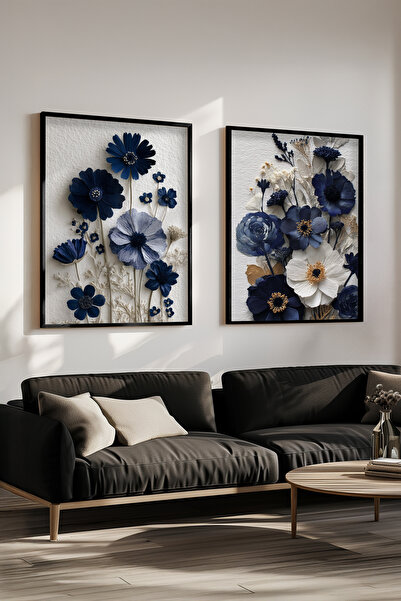 STARYUNA Black Wooden Framed Navy Blue Floral Double Painting Set Yuna579