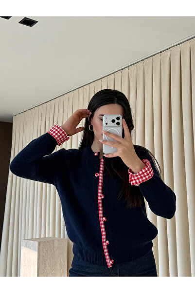 Laluvia Navy Blue Gingham Detailed Knit Cardigan - 251082