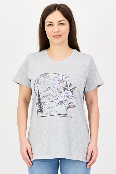 Mountain And Isles Women Round Neck Short Sleeve Graphic Print Top, Heather Grey