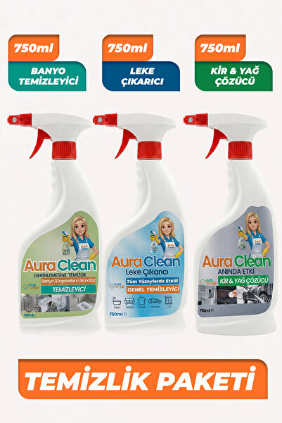 AURA CLEAN TEMİZLİK PAKETİ 3 LÜ SET LEKE-YAĞ,KİR-BANYO,WC SET 750 ML