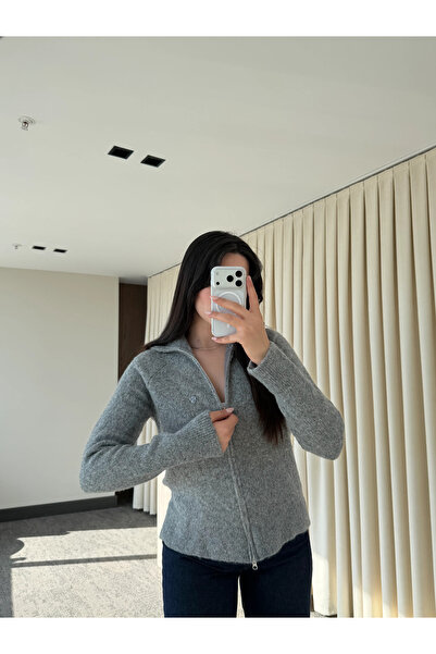 Laluvia Gray Turtleneck Double Zipper Cardigan - 251108