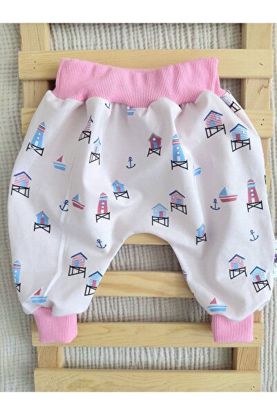 zsz tasarım KIZ BEBEK PLAJ TEMALI DESEN PEMBE ORGANIK PAMUKLU SALVAR PANTALON