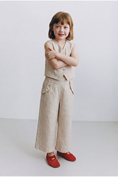 Magu Girl's Cotton Piece Beige Embroidered Vest and Pants Set