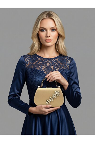 Biçanta Skin Color Glittery Satin Stone Strappy Chain Women's Evening Dress B...