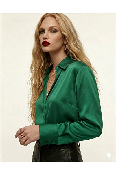 ribana Women's V-Neck Long Sleeve Buttoned Satin Shirt 3140