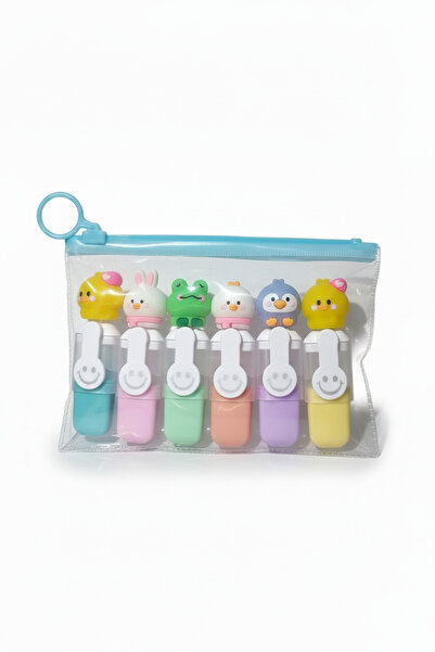 Sevimli Figür Başlıklı Mini Fosforlu Keçeli Kalem-6lı Set-fosfor09