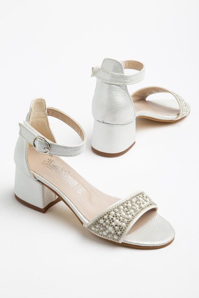 BYŞ Moda Casual Very Stylish Girls' Stone Heeled Evening Dress Shoes -White