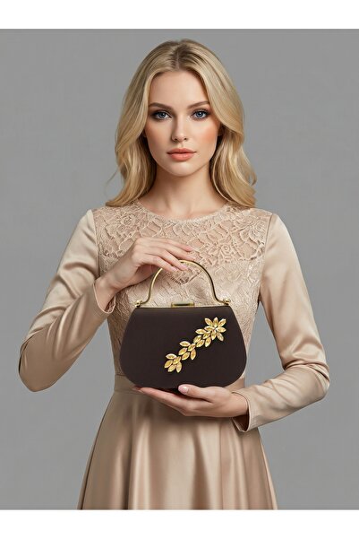 Biçanta Brown Z.A.R.A Satin Stone Strappy Chain Women's Evening Dress Bag Wed...