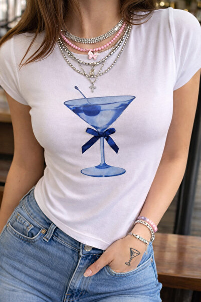 Messy Girls Martini Kadeh Baskılı Beyaz Baby Tee Kadın Tişört Y2K Stil Kurdel...
