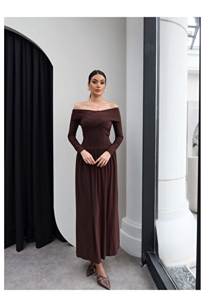 ESRAHELVACI Rochie maxi cu decolteu asimetric detaliu încrețit