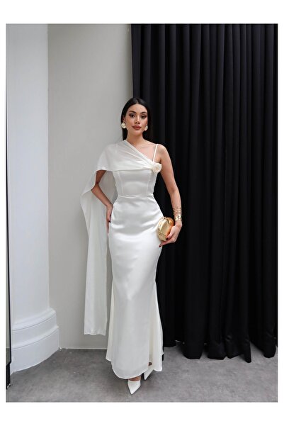 ESRAHELVACI Askılı Gül Detay Şallı Saten Elbise