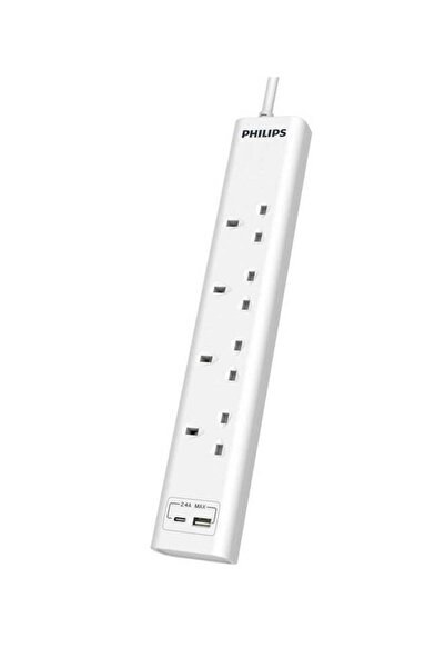 Generic Philips 13A 4-Socket 2-USB UK Plug Power Extension Cord White 3 m