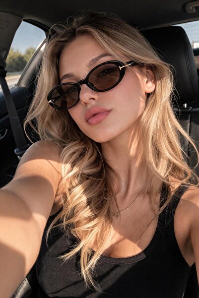 TomyHelf Milano Gold Detaylı Oval Siyah Kadın Güneş Gözlüğü Nut Cam UV400 Koruma Retro Trend Model